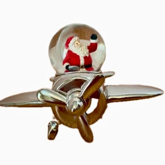 Santa Flying a Vintage Airplane Snow Globe, Waving from Cockpit, Propeller Spins - Picture 2 of 11
